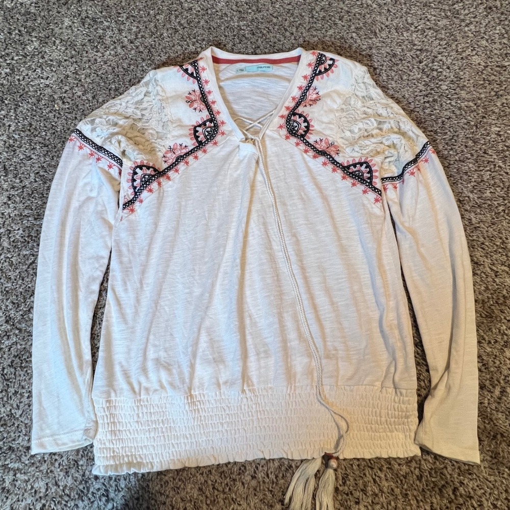Maurices Womens Boho Embroidered Lace Up Smocked Hem Top White Large Long Sleeve